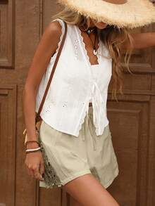 Brillora Summer Beach Solid Knot Waist Shorts - Apricot - View 4