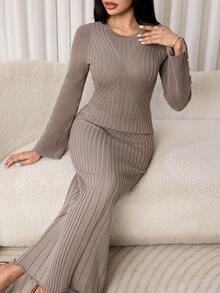 Veilorie Women's Solid Color Casual Daily Wear Knit Dress - Khaki - View 6