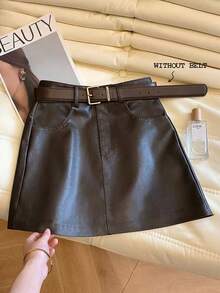 GlowEve Women's Solid Color PU Leather Fashion Versatile Daily Casual Skirt - Coffee Brown - View 4