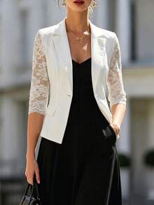 SHEIN Women's White Blazer With Lace Lapel, Casual Versatile, Elegant And Fashionable - White - View 3