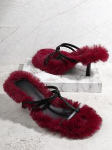Hauture Women's Fashionable High Heel Plush Sandals For Wedding Party Valentines Spring Break Easter - Burgundy - View 2