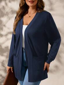 SHEIN Clasi Plus Size Black Long Sleeve Loose Knit Jacket With Pockets Winter Fall Autumn - Navy Blue - View 7