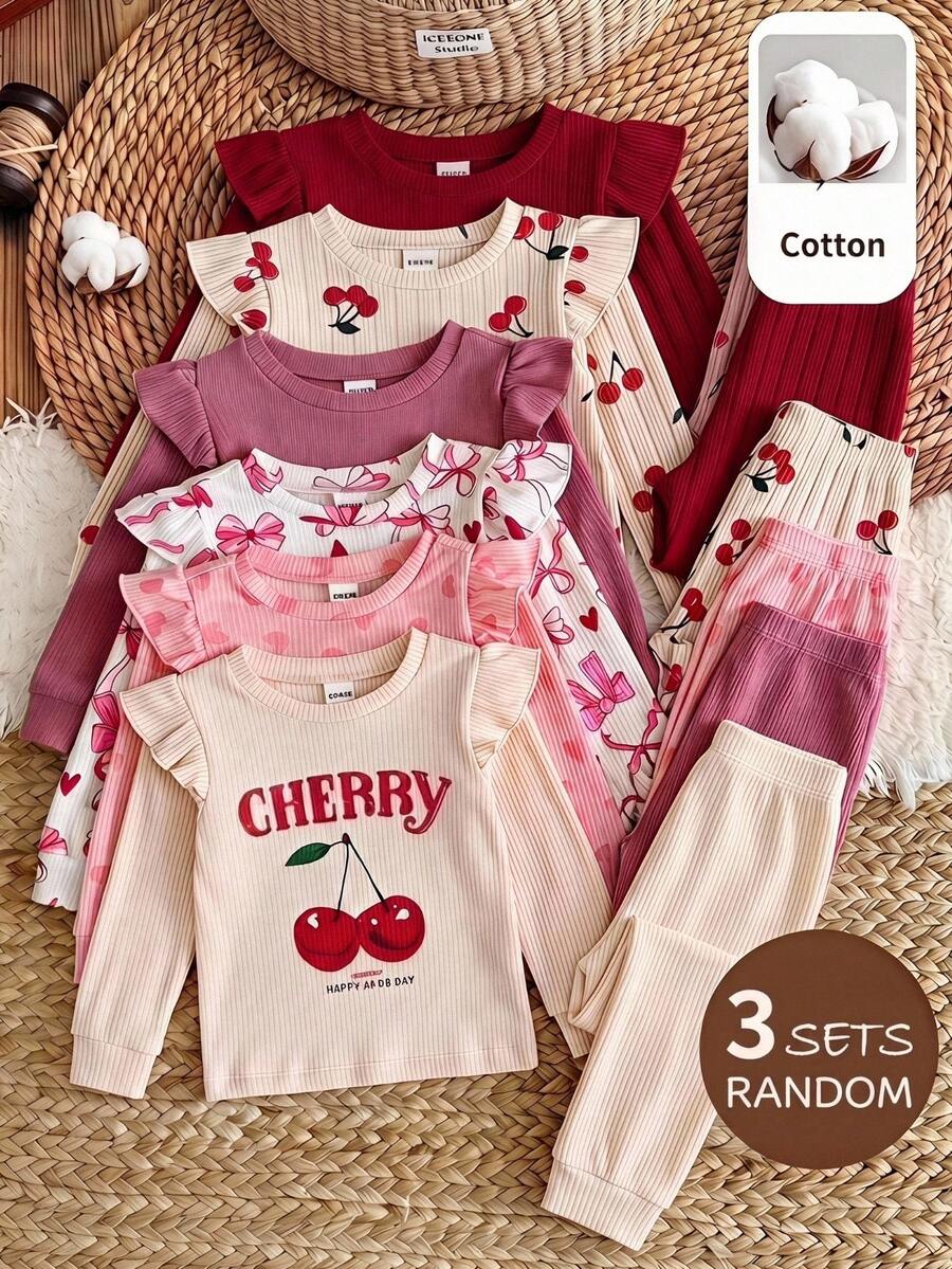 SHEIN Baby Girl Knit Solid Color Heart Bow Pattern Round Neck Ruffle Trim T-Shirt Long Pants 6-Piece Set Sunrise Dusty Pink Light Pink Autumn Cute - Multicolor - View 1