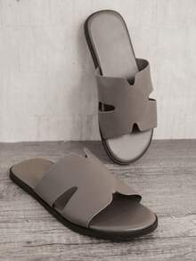 SHUZIA Men's Textured Dark Grey Slide Sandals, Anti-Slip, Comfortable, High-End Feeling Holiday Vacay Vibe For Spring Spring Break Easter Mother's Day Present For Christmas Valentine's Day - Grey - View 1