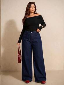 SHEIN PETITE CURVE 大尺碼時尚百搭鈕扣口袋寬鬆牛仔褲 - 藍色 - 查看 5