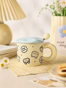 Cute Cartoon Ceramic Mug With Lid And Spoon, Couple Breakfast Milk Cup, Good-Looking Water Cup Gift For Girls - Multicolor - View 10