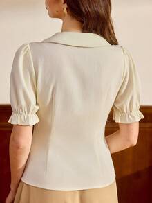 Vintamour Vintage Elegant Women's Blouse With Ditsy Floral, Embroidery, Peter Pan Collar, Ruffle Trim, Gathered Detail, Button Front, Casual Vacation Holiday Top - Apricot - View 7