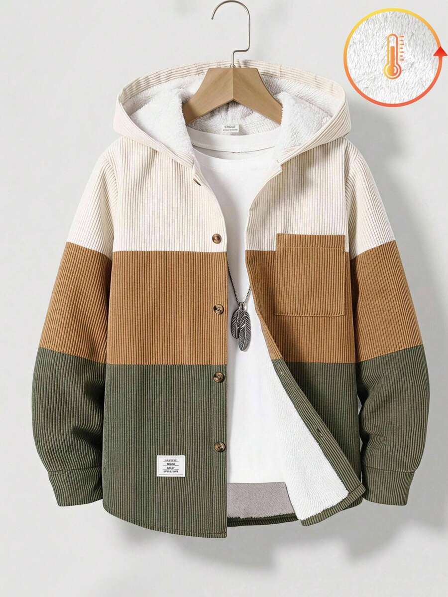SHEIN Vacaura Jaket Fleece Berkerudung Corduroy Kasual Dasar untuk Anak Laki-Laki - MultiWarna - View 1
