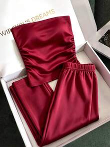 INAWLY Solva Women's Sexy Streetwear Bandeau Top And Flared Pants 2 Pieces Set - Burgundy - View 1