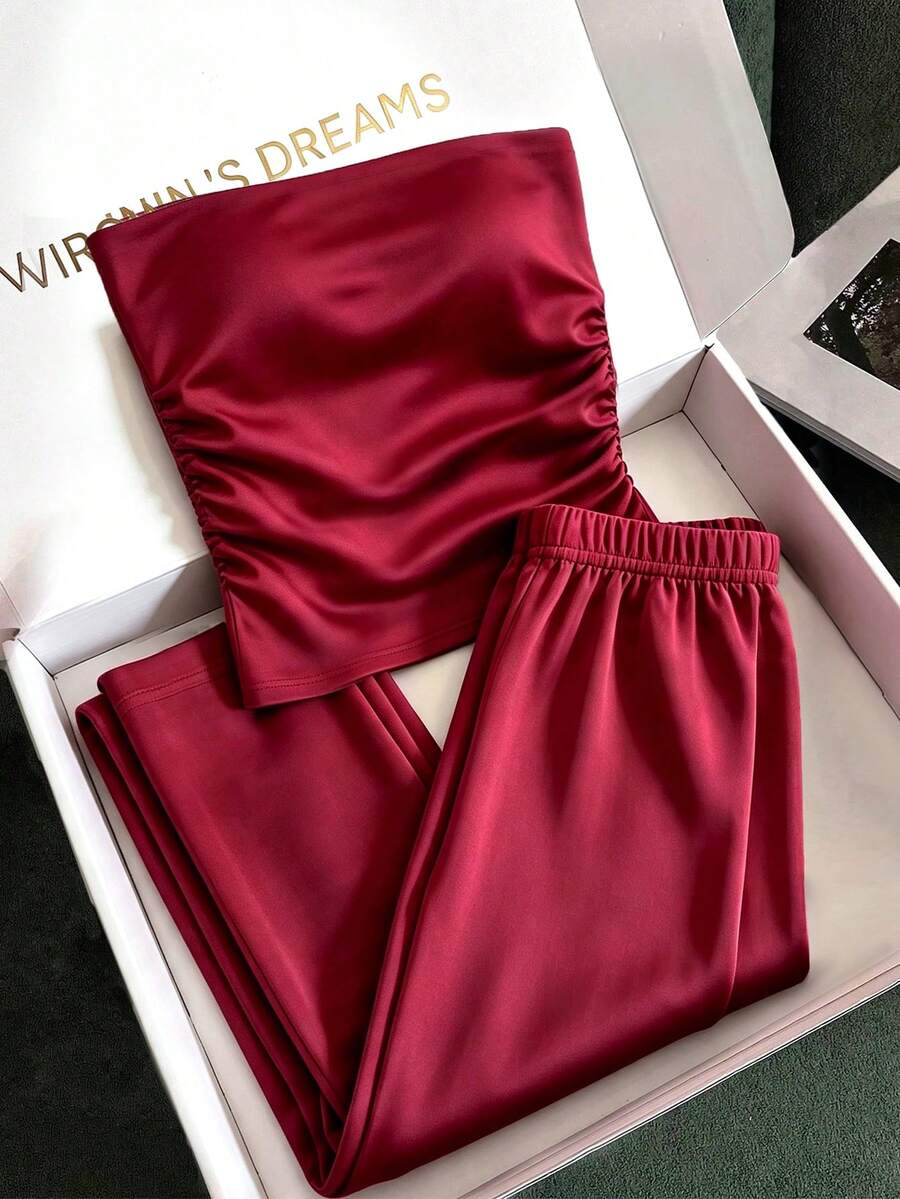 INAWLY Solva Women's Sexy Streetwear Bandeau Top And Flared Pants 2 Pieces Set - Burgundy - View 1