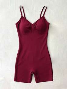INAWLY Solva Solid Color Ruched Fitted Sexy Spaghetti Strap Jumpsuit, Summer - Burgundy - View 7