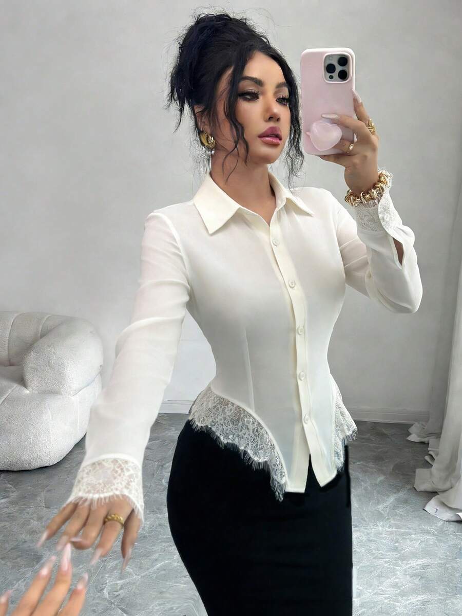 Elenzga 女士优雅撞色蕾丝不对称下摆修身衬衫,适合春、夏、秋季办公室通勤穿着。 - 白色 - 查看 1