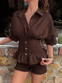 MainGRL Women's Solid Color Single-Breasted Short Sleeve Top And Shorts Casual Daily Set - Brown - View 5