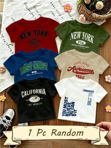 1 Random Set 6pcs English Letter Digital Print Short Sleeve Tops, Boys Toddler Crew Neck Short Sleeve Tops 6pcs, Fashion Casual, Suitable - Multicolor - View 1