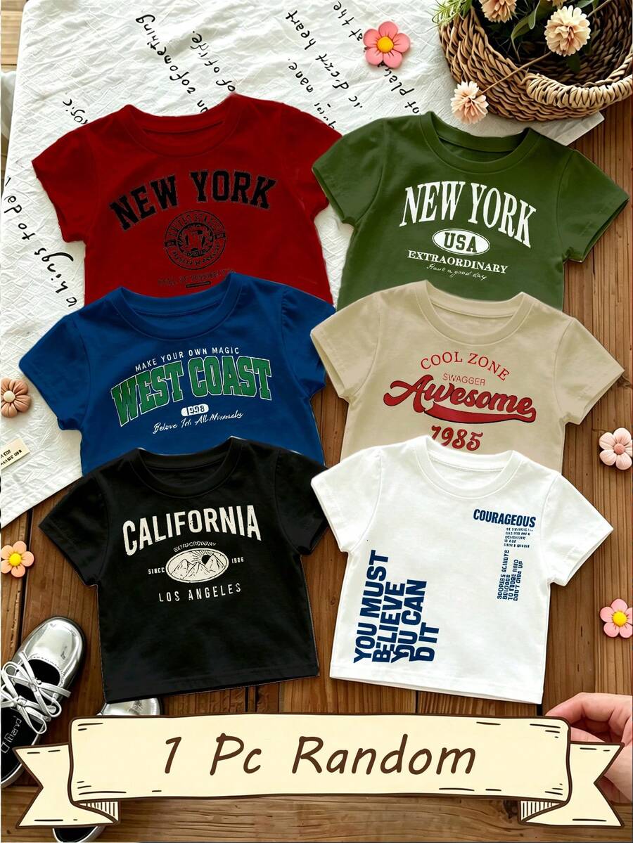 1 Random Set 6pcs English Letter Digital Print Short Sleeve Tops, Boys Toddler Crew Neck Short Sleeve Tops 6pcs, Fashion Casual, Suitable - Multicolor - View 1