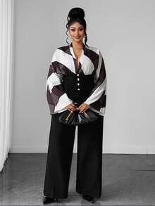 Maweii Geometric Colorblock Print Deep V-Neck Batwing Sleeve Blouse With Ruched Waist And Gold Button Short Shirt Fall - Multicolor - View 3