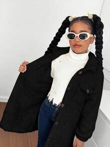 SHEIN Jaket Sherpa Hitam Musim Dingin untuk Remaja Perempuan, Jaket Panjang Sedang dengan Lapisan Termal, Saku Kerah, Kancing Depan, dan Kardigan Panjang Musim Gugur untuk Remaja Perempuan - Hitam - View 3