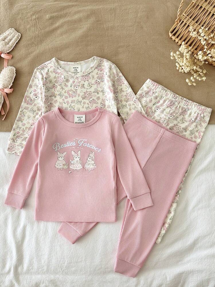 SHEIN Baby Girl Floral Pattern Knit Soft Round Neck Long Sleeve Top Elastic Waist Long Pants Snug Fit 4-Piece Set,Autumn And Winter - Multicolor - View 6