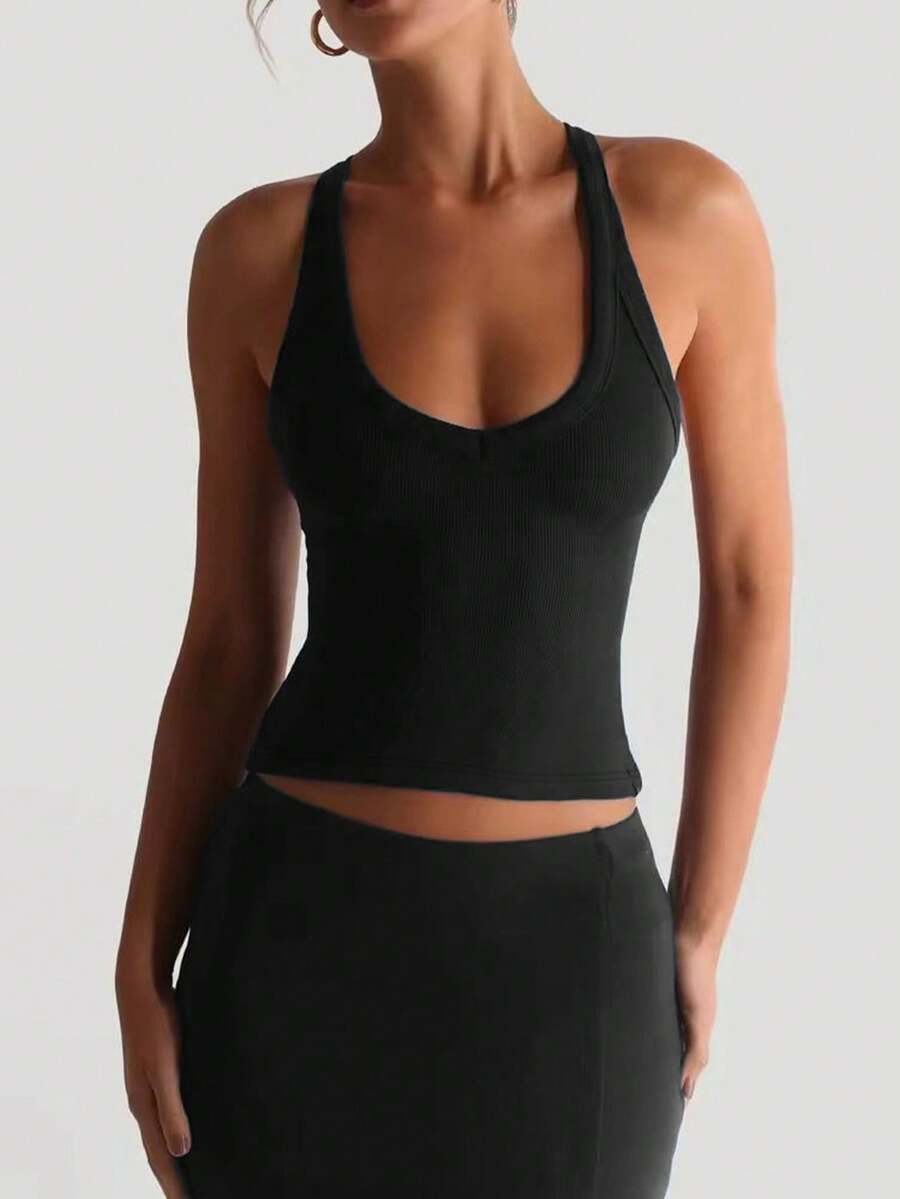 INAWLY Solva Women's Solid Color Back Criss-Cross Cutout Design Fitted Casual Tank Top Everyday Nightout Black Summer - Black - View 1