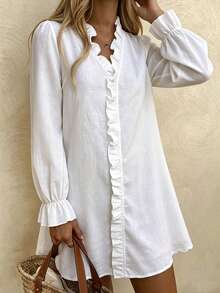 Vaclyn Women's Fashion Elegant Solid Color Frill Trim Casual Vacation Dress - White - View 4