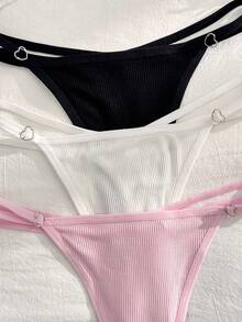 SHEIN 3pcs Ribbed Soft Comfortable Double Thin Strap Plus Size Thong Set - Multicolor - View 5
