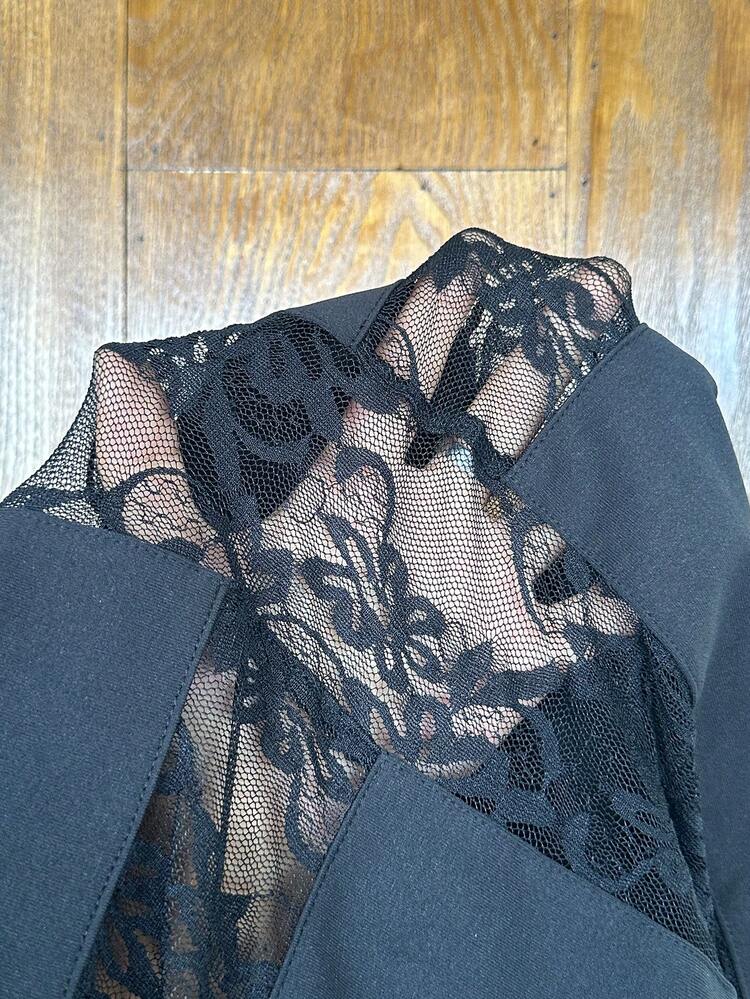 Muchica Women's Plus Size Lace Patchwork Asymmetrical Shoulder Casual Daily T-Shirt - Black - View 6