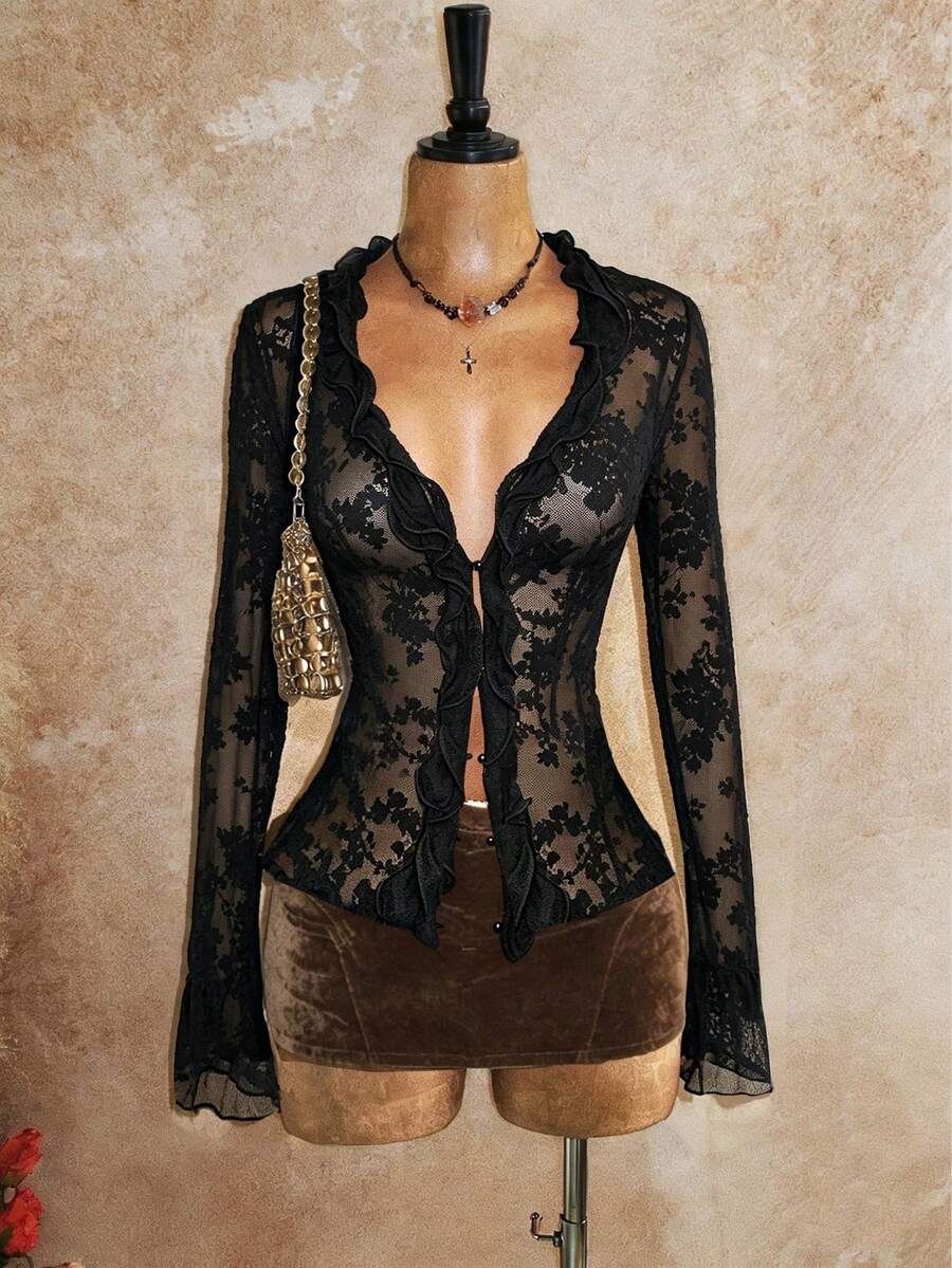 INAWLY Blus Lengan Panjang Berenda Kancing Berkerut Seksi Gaya Prancis Ukuran Plus - Hitam - View 1