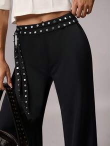Avenya Low Waist Rivet & Ribbon Decor Wide Leg Slimming Drape Suit Pants, Casual Daily Commute Fall/Winter Autumn - Black - View 7