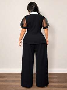 NU&NOW Plus Size Women's Short Sleeve Blazer Jacket And Loose Wide Leg Pants Dinner Formal Black Summer Elegant - Black and White - View 3
