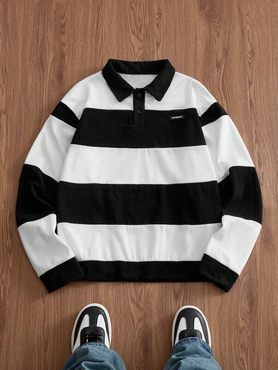 SWAVVY Men's Casual Loose Fit Standard Size Sweatshirt, Polo Collar, Solid Black And White Color Block, Spring/Autumn - Black and White - View 1