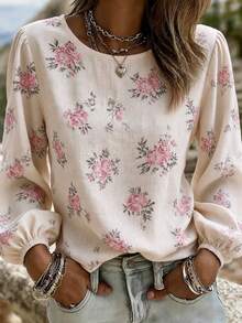 Balvessa Top col rond pour femmes en automne, blouse ample tissée à manches bouffantes vintage avec motif floral discret, chemise bohème à manches lanternes rose à motif floral discret, convient pour les trajets quotidiens et les vacances - Nude - Voir 6