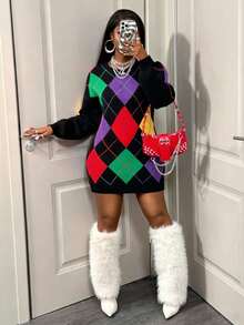BamGleam Rhombus Plaid Short Knitted Sweater Dress, Autumn New Arrival, Christmas Everyday School Black Cool Casual - Black - View 1