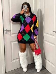 BamGleam Rhombus Plaid Short Knitted Sweater Dress, Autumn New Arrival, Christmas Everyday School Black Cool Casual - Black - View 3