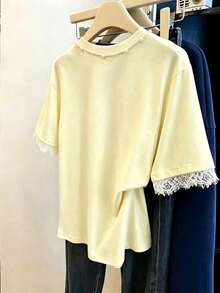 Women's Lace Patchwork Casual Lacey Versatile Daily Short Sleeve T-Shirt Brunch White Summer - Yellow - View 2