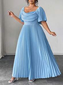 SHEIN CURVE+ Plus Size Blue Ruffled Petal Sleeve Pleated Hem Midi Dress, Suitable For Spring, Summer, Autumn - Blue - View 3