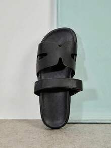 SHUZIA 畅销女式奢华风格魔术贴镂空圆头软鞋垫厚底缝线PU黑色拖鞋 - 舒适百搭 - 黑色 - 查看 6