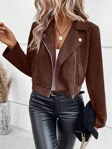 SHEIN Women's Solid Color Long Sleeve Zip-Up Casual Motorcycle Jacket - Mocha Brown - View 1