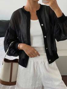 FRIFUL Women's Spring/Summer Solid Color Metal Button Decor Loose Casual Versatile Jacket - Black - View 4