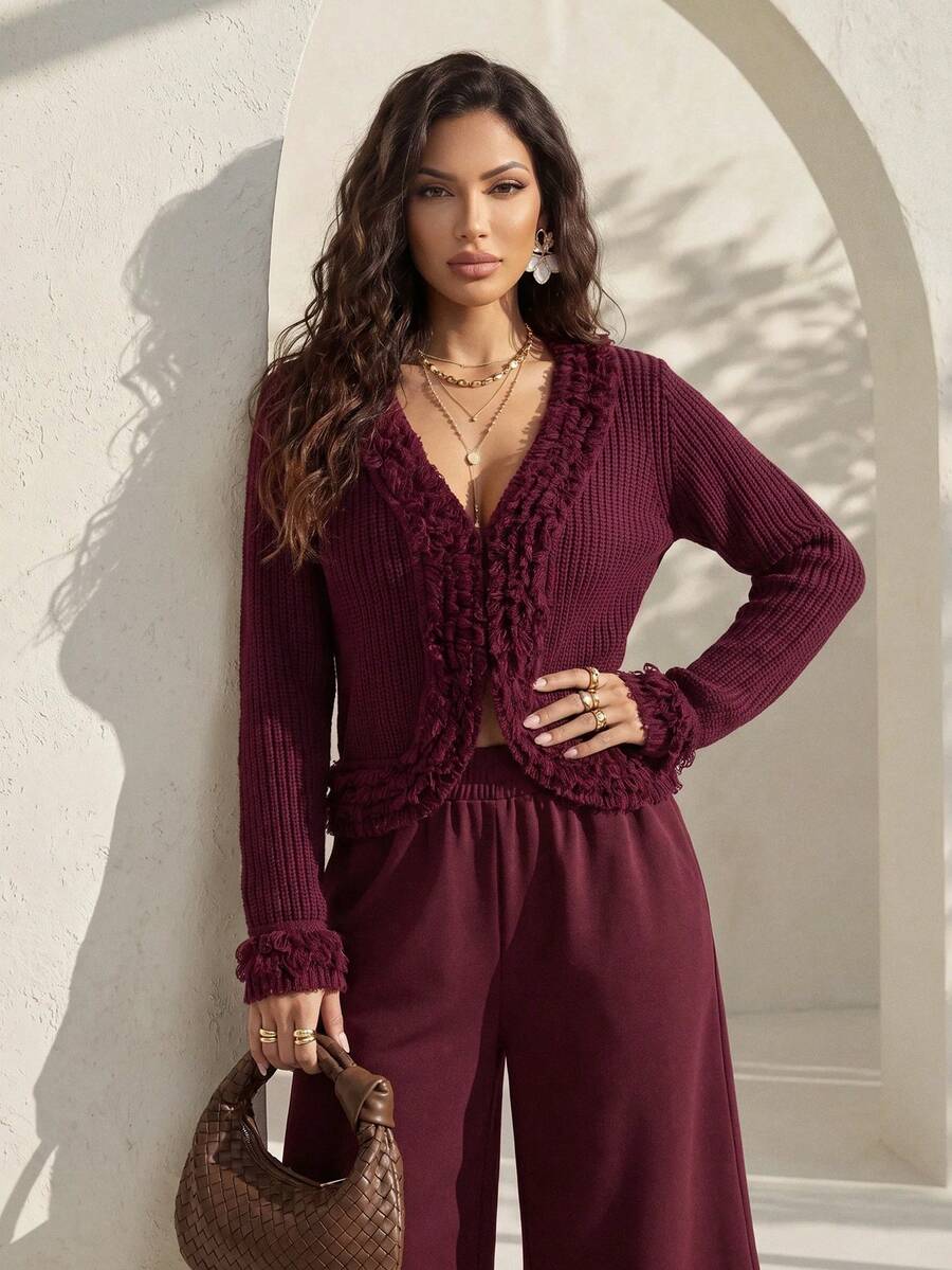 Xyvia Women's Solid Color Frill Trim Casual Versatile Daily Wear Cardigan - Burgundy - View 1