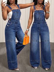 Jeanoix Petite Overall Denim Kasual Kancing Wanita Gaya Streetwear Sehari-hari untuk Acara Malam Hari, Liburan, Warna Biru Musim Panas - Dark Wash - View 9