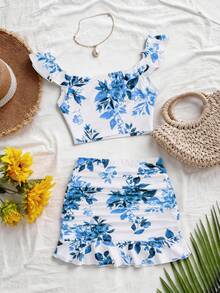 Roelina Setelan 2 Potong Wanita Terbaru dengan Motif Ruffle dan Tali Ikat untuk Musim Panas, Atasan Crop Camisole Seksi untuk Liburan, Rok Mini Ruffle untuk Liburan, Atasan Seksi dengan Tali Ikat, Cocok untuk Liburan, Perjalanan, dan Kencan. - Biru - View 3