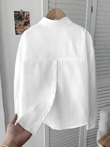 SHEIN Serisse Kids Tween 女童休闲时尚百搭纯色梭织翻领前开后开衩宽松落肩长袖白色衬衫，返校日穿 - 白色 - 查看 2