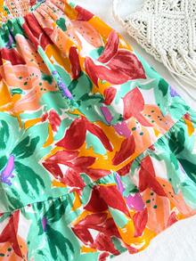 SHEIN Tween Girls Woven Tropical Plant Print Bowknot Decor Elastic Waist Short Dress - Multicolor - View 5