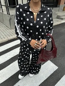 Muchica 女款大尺碼休閒波點印花夾克外套與長褲套裝，適合秋季 - 黑與白 - 查看 3