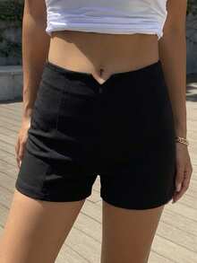 FRIFUL Women's Solid Color Fitted Shorts With Bow Decor, Suitable For Daily Wear School - Black - View 3