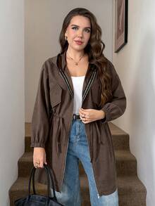 SHEIN LUNE Plus Size Plain Color Hooded Zipper Front Casual Long Sleeve Jacket Plus Size Fall Clothes - Brown - View 3
