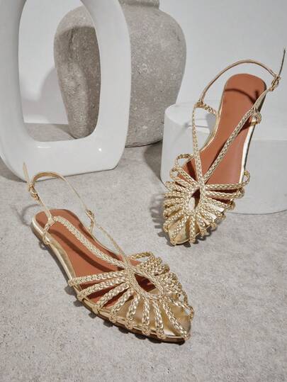SHUZIA Sandalias planas con correa trasera dorada de estilo Mary Jane, de puntera redonda, elegantes y cómodas para usar, ideales para primavera y verano, para vacaciones