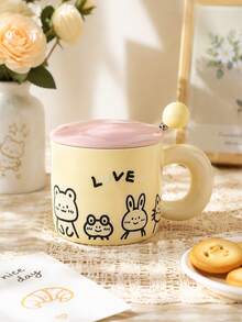 Cute Cartoon Ceramic Mug With Lid And Spoon, Couple Breakfast Milk Cup, Good-Looking Water Cup Gift For Girls - Multicolor - View 8