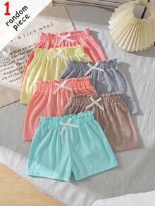 2pcs Random, Young Girl Waist Ruffle + Satin Bow Decor Multi-Color Casual Shorts, Suitable For School, Daily Wear, Summer, Randomly Shipped 2pcs - Multicolor - View 4