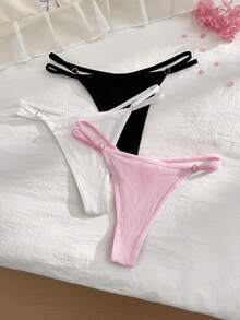 SHEIN 3pcs Ribbed Soft Comfortable Double Thin Strap Plus Size Thong Set - Multicolor - View 3